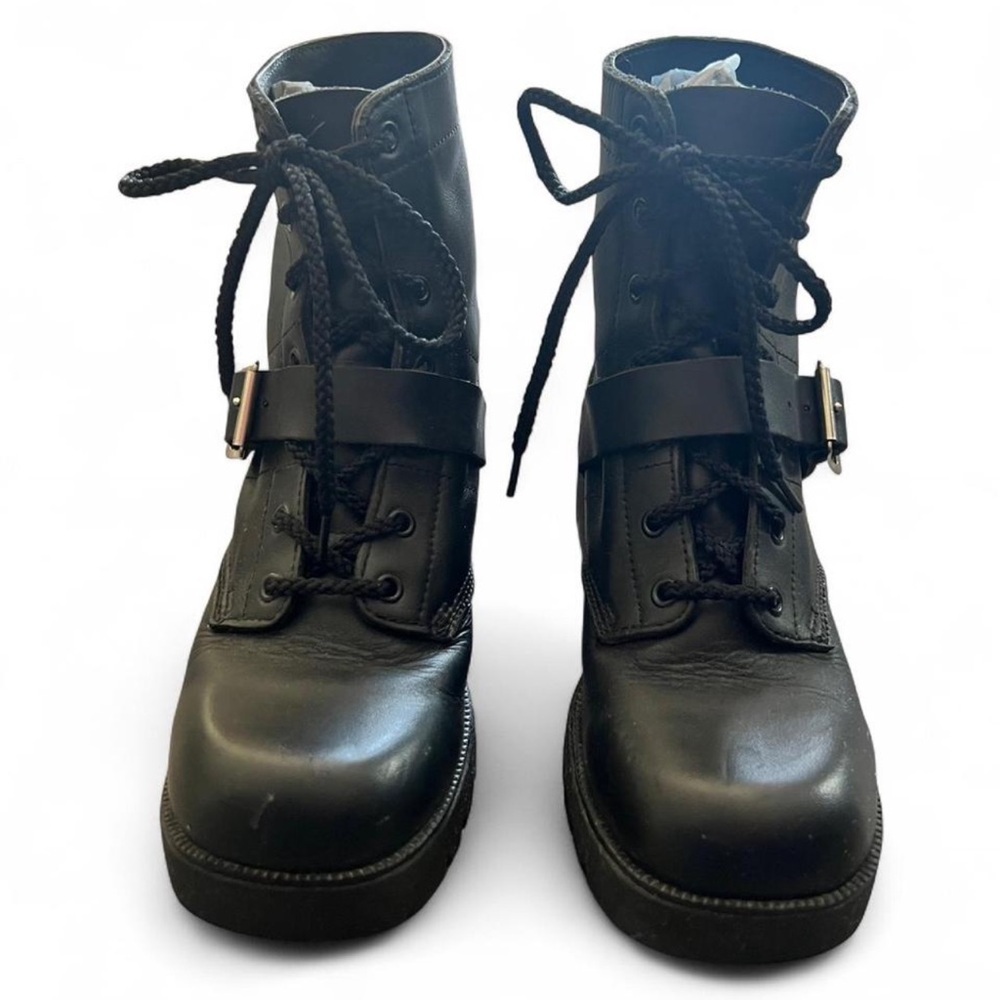 Double H black leather lace-up combat boots with buckle Size 7.5 - Picture 4 of 8